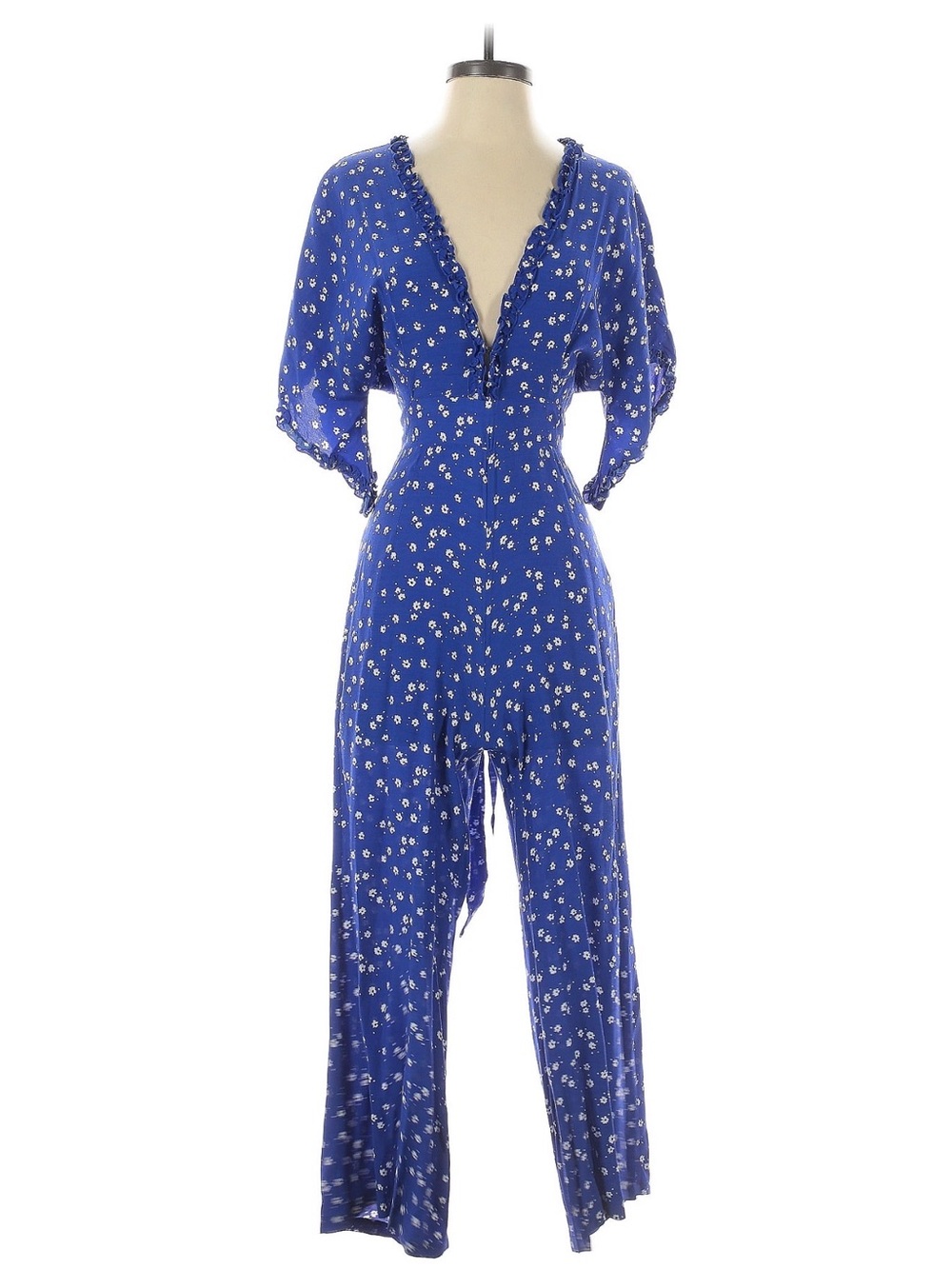 Faithfull the Brand Royal Blue Floral Wrap Jumpsuit
